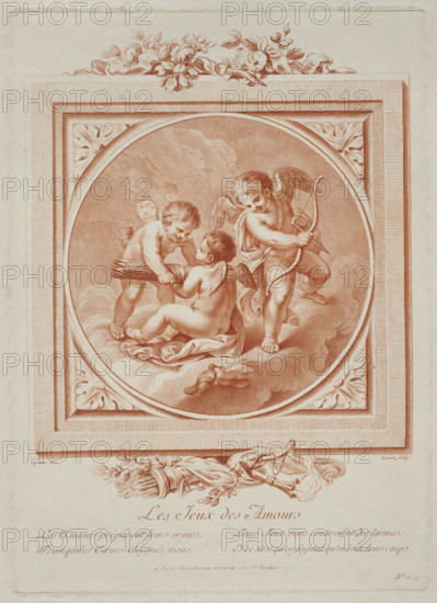 Les Jeux des Amours, composition in tondo. After Giovanni Battista Cipriani (1727–1785), drawing; Jean-Baptiste Lucien (ca. 1748–1806), graphic artist, crayon-method engraving reversing a stipple engraving by F. Bartolozzi. Subject: three cupids on a cloud — one preparing to shoot a bow, another passing a bundle of arrows to a third seated with his back turned; two kissing doves. Composition enclosed in a tondo inscribed in a square; decorative attributes of the god of Love (burning torch, bow, quiver with arrows) beneath the frame; garlands, flowers and fruit surround the frame. Accompanied originally by a poem describing the games and amusements of cupids. Etching and stipple in reddish-brown ink; print, height 33.5 cm, width 23.8 cm; dated 1773 (state with publisher’s name and address erased).