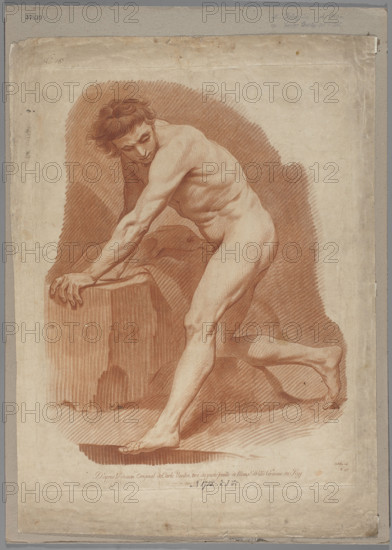 Study of a nude man, kneeling on one knee, the other leg stretched out to the side. Drawn/engraved by François De Bellay (ca. 1795–1858) after Carle van Loo (1705–1765). Reproductive graphic in the crayon maniéré technique, 18th century. Academic study of a male nude, produced as a graphic print (height 50.0 cm, width 39.5 cm). Notes: the crayon drawing technique was developed to reproduce drawings by famous artists for collectors and for academic study; this engraving was based on a study by Carle van Loo, professor and director of the French Academy, and executed in the valued crayon maniéré manner.