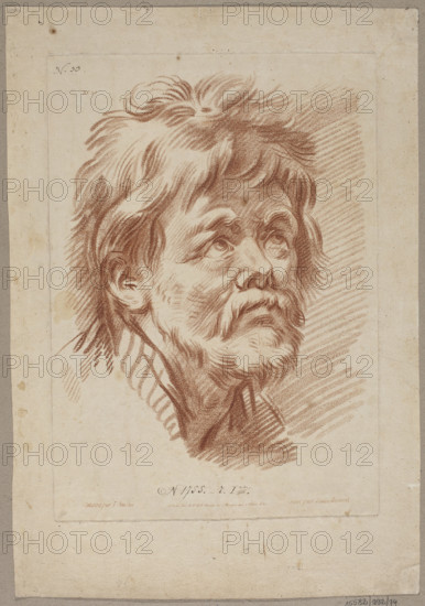 Study of a Man's Head; Bonnet, Louis Marin (1736–1793), graphic artist; after Boucher, François (1703–1770); drawings, reproductive graphic; study (sketch), academic study of the head of an old man; 18th century, Paris; graphic print; height 36.5 cm, width 29.0 cm