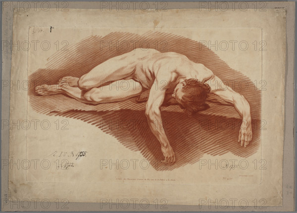 Study of a Reclining Male Nude. After a drawing by Carle van Loo (1705–1765); engraving by Gilles Demarteau (1722–1776), master of the manière de crayon technique. Reproductive graphic, study of a male nude / academic study; before 1776, Paris. Graphic print; height 33.5 cm, width 55.7 cm.