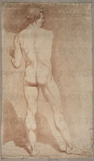 Study of a standing male nude seen from behind. Demarteau, Gilles (1722–1776), publisher and graphic artist; after Bouchardon, Edmé (1698–1762), draughtsman. Manière de crayon (crayon-imitating engraving). Academic study of a male nude—drawing-based reproductive graphic used for education and collecting. Executed 1770, Paris. Graphic print; height 65.1 cm, width 38.2 cm.
