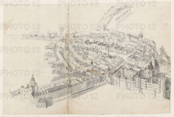 Innsbruck from a bird's eye view, Ouden Allen Folpert van (1635–1715); ca. 1690; drawing, height 31.8 cm, width 48.2 cm; inscriptions/marks: filigree (snake in a crown); depicts Innsbruck, Austria; associated names: Sebisch, Albrecht von (1685–1748) and Hubrig, Ernst Wilhelm von (1712–1787).
