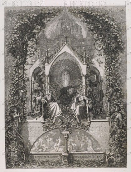 Dornröschen. Märchen von Grimm, Neureuther, Eugen Napoleon (1806-1882), graphic artist, Sleeping Beauty (lit.), fairy tales, Germany, literature, illustrations, dream, princesses, Grimm, Jacob Ludwig Karl (1785-1863), Grimm, Wilhelm Karl (1786-1859), Dornröschen, Teresa Charlotte Louise (Queen of Bavaria; 1792-1854), 1836, Munich, print, height 68.5 cm, width 50.5 cm, The image shows an ornate black-and-white engraved scene with Gothic architectural arches and a central pointed canopy framed by dense climbing vines and floral garlands on both sides; beneath the canopy sit two robed figures facing each other, one holding a staff and the other resting a hand to the head, surrounded by several other seated and standing figures in classical dress, small decorative animals, and sculptural ornamentation; above the canopy a faint architectural backdrop of towers and a pavilion rises behind foliage, and below a semicircular panel contains a mythological or allegorical group of seated and stand...