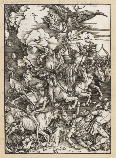 The Four Horsemen of the Apocalypse, from the 'Apocalypse' cycle, Dürer, Albrecht (1471-1528), horses, riders, religious scenes, horseback riding, Apocalypse of St. John (Bible), New Testament (Bible), masterpiece, 1511, graphic, height 39.1 cm, width 27.8 cm, A detailed black-and-white woodcut showing a dramatic scene with a group of mounted figures charging from the right, several horses in motion, and riders wielding a variety of weapons; an angelic figure with wings appears above, and billowing clouds occupy the upper area; skeletal and decayed figures and a group of fallen people lie and scramble across the lower area amid tangled limbs and distressed expressions; flowing garments, armor, and harnesses create dense, intricate linework throughout; the visible colors are black and off-white.