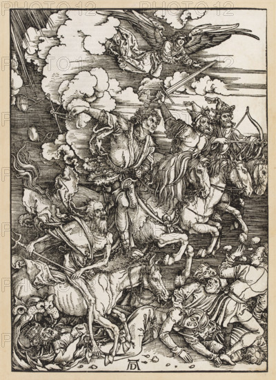 The Four Horsemen of the Apocalypse, from the 'Apocalypse' cycle, Dürer, Albrecht (1471–1528), horses, riders, religious scenes, horseback riding, Apocalypse of St. John (Bible), New Testament (Bible), masterpiece, 1511, graphic, height 39.1 cm, width 27.8 cm, A detailed black-and-white illustration shows a dramatic scene with a group of mounted figures and fallen people amid swirling clouds and dynamic lines. Several horses with visible bridles and flowing manes are depicted in motion, ridden by figures wearing varied garments and headwear; one rider holds a raised sword while another draws a bow. An angelic figure with large wings floats above the scene. A few bearded, older-looking figures with gaunt bodies appear among the riders and some lie on the ground, their limbs splayed. Curving smoke-like shapes and dense cloud forms fill the sky, and strong linear shading creates texture on clothing, horses, and the landscape. The overall palette is monochrome in shades of black and off-wh...