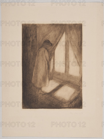 Girl at the Window, Munch, Edvard (1863–1944), graphic artist; Felsing, Kupferdruckerei (Darmstadt, Munich, Berlin; publishing house, printing house; 1797–1965), publisher; Albinski, Marian (fl. 1961–1964); subjects: girls, death, Munch, Johanne Sofie (1862–1877), windows (architectural), interiors, children; nationalities/styles: German, Scandinavian, Norwegian, modernism; dates/editions: 1912 (3rd edition), 1894 (plate), Berlin; medium: graphic print; dimensions: height 21.9 cm, width 15.7 cm