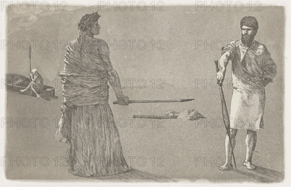 Satire/ Conclusion; pl. 13; The Rescue of Ovid's Victims, Op. II; publisher: Theodor Stroefer (1843–1927), Theo. Stroefer's Kunstverlag (publishing house; Munich–Nuremberg; 1877–1958); printer: Zehl, Theodor Junior (Leipzig; fl. ca. 1870–1918); artist: Max Klinger (1857–1920); subject: Ovidius Naso, Publius (43 BC–ca. 17), Metamorphoses; satire; graphic; motifs: self-portraits, Charon (myth.), fight, duels; date: 1879; place: Leipzig, Munich; medium: graphic; dimensions: height 13.3 cm, width 20.5 cm