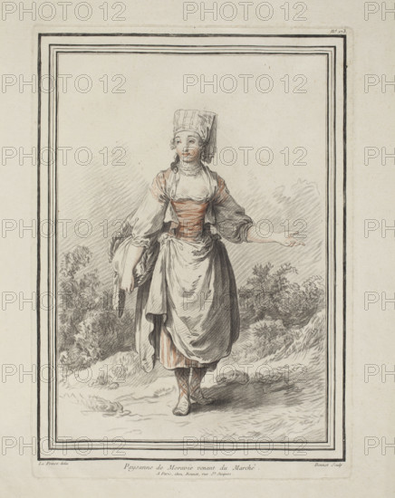 Paysanne de Moravie venant du Marché, Le Prince, Jean-Baptiste (1734–1781), draughtsman; Bonnet, Louis Marin (1736–1793), graphic artist. Subject: women, Moravia (Bohemia/countryside), peasants. Medium/style: reproductive graphic print in the crayon manner ('à deux crayons' — black and sanguine or sepia, sometimes heightened with white); composition enclosed in linear frames (3 thick and 2 thin etched with etching). Date: before 1781. Place: France, Paris. Dimensions: height 37.8 cm, width 25.0 cm. Inscriptions/notes: titled 'Paysanne de Moravie venant du Marché'; numbered 173 in publication; Le Blanc listed it as 'La Servante Finoise' aux deux crayons.