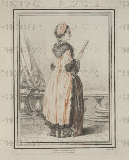 Femme de chambre russe; Bonnet, Louis Marin (1736–1793), graphic artist; Le Prince, Jean-Baptiste (1734–1781), graphic artist. Russia, women, French, reproductive graphics, genre scene. Composition enclosed in linear frames (3 thick and 2 thin etched with etching). Bonnet specialized in the crayon manner — 'in two pencils' (prints in black and sanguine or sepia, sometimes brightened with white); described this technique in 1769. 'Femme de chambre russe' is no. 174, deux crayons (two-colour print in black and sanguine). Before 1781. France, Paris. Graphic print; height 35.4 cm, width 25.3 cm.