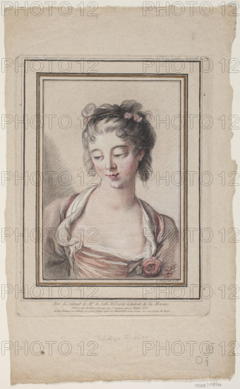 Bust of a young woman looking down, with a rose by her low-cut dress. Composition in a gold frame printed from a plate. Louis Marin Bonnet (Bonnet, Louis Marin) (1736–1793) after François Boucher (1703–1770). Graphic print, 1767, Paris. This was Bonnet's first composition executed in the 'crayon method in three pencils' (imitating black, red/sanguine, and white crayons); he added a second red plate and a third white plate to his black plate. Bonnet reproduced the composition in several color variations, including a pastel-effect version using two successive plates saturated with blue and green. Techniques such as roulette marks imitated crayon texture; a narrow gold frame is printed to simulate a collector's frame. Plate number '9' at the top is the plate's number in Bonnet's catalog. Due to multi-color printing difficulties, the artist also printed a reduced two-plate (two-color) version. Graphic print, height 31.5 cm, width 23.0 cm.