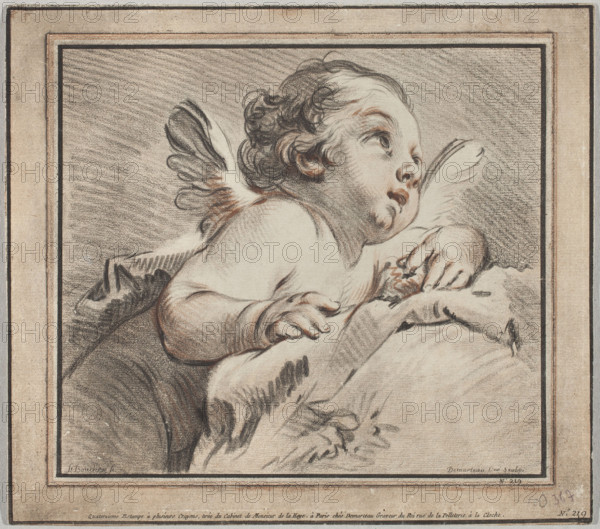 Cupid, after a drawing by François Boucher (1703–1770), engraved and published by Gilles Demarteau (1722–1776), 1772, Paris. Engraving in the manière de crayon reproducing a single putto taken from Boucher’s study for Venus in Vulcan’s Forge. Demarteau, a noted French engraver and publisher, specialized from 1757 in the crayon technique (using a roulette) and produced finely graded prints from two plates to evoke black and sanguine crayons; admitted to the Académie Royale in 1769 and appointed Engraver of the Royal Cabinet in 1770. Many of his some 560 numbered plates were after Boucher (about 266). Boucher, influential French Rococo painter and draftsman, regularly used pastels and preparatory drawings that Demarteau reproduced; the present print demonstrates Demarteau’s practice of isolating and sometimes enhancing a figure from Boucher’s compositional sketches. Print (engraving), 1772; 26.0 × 29.5 cm.