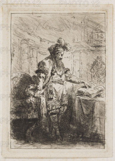Le Magicien, Le Prince, Jean-Baptiste (1734–1781), graphic artist. Title: 'Le Magicien'. Engraving made in etching technique with a background fragmentarily etched with aquatint; composition completed with thin stylus/dry needle. The name 'Le Magicien' given by Hédou. Another example of this composition shows a different state of matrix development — printed on creamy, medium-weight paper; appears to be a commercial print. The present example appears to be a test/proof print. Both prints share the same etched composition and degree of needlework, but the commercial print is printed from a matrix wiped of excess ink. The proof/dense state was supplemented with dry engraving; aquatint was added and toned with a tampon in the shadow at the bottom; part of the hatching was later removed from the matrix with a needle and smoothing stone. This print is State 1, the other is State 2 (according to available copies). Date: 1768, Paris, France. Medium: graphic print. Dimensions: height 11.8 cm, ...