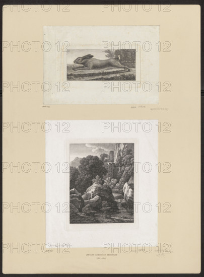 Felslandschaft mit der Jäger, Reinhart, Johann Christian (1761-1847), graphic artist; hunters; mountain landscapes; hunting (iconography); 1824; Rome; graphic print; height 15.4 cm; width 12.4 cm