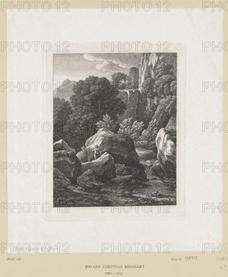 Felslandschaft mit der Jäger, Reinhart, Johann Christian (1761–1847), graphic artist; hunters; mountain landscapes; hunting (iconography); 1824; Rome; graphic print; height 15.4 cm; width 12.4 cm