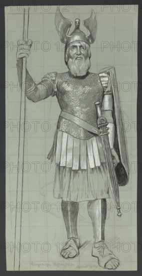 Costume design for Wotan as the god of war by Hans Thoma (1839–1924); illustration/drawing for Wagner's Der Ring des Nibelungen, 1895–1897; ink/graphic drawing, 57.3 × 28.4 cm; German, depicts Wotan (mythology).