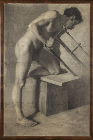 Male nude leaning in the pose of sawing a board; Ignacy Lopienski (1865–1941); studies from models; male nudes; academic drawing; nudes; Polish drawing; Italian Renaissance (painting) influence; 1890; Munich; drawing; height 150 cm, width 99.5 cm