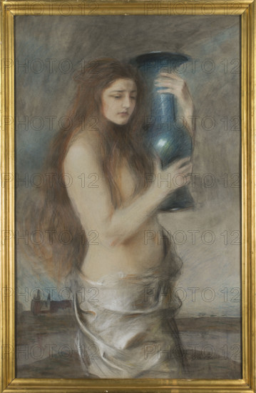 Girl with a Blue Vase, Teodor Axentowicz (1859–1938), painter; female nudes; Young Poland (style); symbolism (style); Polish pastels; Kraków (Lesser Poland Voivodeship); Wawel (Kraków); after 1900; pastel; height 120 cm; width 76 cm