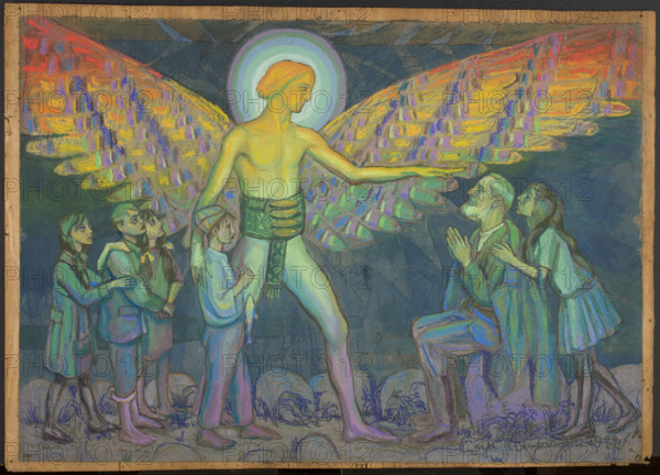 The Return of Tobias, Jan Rembowski (1879–1923). Tobias and the Angel, allegory. The artist admired Jacek Malczewski and adopted similar themes, introducing Tobias and the angel. Rembowski, a patriotic figure who longed to fight for Poland’s independence but was prevented by illness, expressed this longing in his work. Wartime allusions and patriotic atmosphere appear in elements such as the greatcoat draped over the shoulders of a kneeling old man and the cap of young Tobias standing among children—possibly referencing the Lviv Eaglets. In a letter Rembowski envisioned a liberated Poland; the rainbow-winged, luminous angel from the “Polish fields” may symbolize Poland. The figure of the angel appears in his earlier works. 1919; pastel; 70.7 × 99.5 cm.