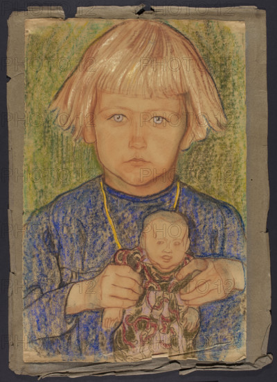 Girl with a doll, Jan Rembowski (1879–1923). Pastel drawing, 1908–1909. Height 47.5 cm, width 31 cm. Portrait of a child (his daughter Janina Bronislawa Maria, called Nuna, b. 11 Aug 1905) with a doll; the child posed for her father many times. Notes: Rembowski studied sculpture in Laszczka's studio and met Wyspianski in 1903 while at the Kraków Academy; he spent time in Italy (dates in his hand: Nervi, 3 Apr 1907; San Miniato VI 1907; Florence 1907) and remained in Italy with his family until June 1908. His work on illustrating Learning to Read and Write was interrupted by the death of his daughter Nuna from scarlet fever on 1 Apr 1910, buried in Zakopane on 2 Apr 1910. Contemporary commentary notes Rembowski’s loose connection with Wyspianski’s studio but long-standing affinity with Wyspianski’s artistic ideals.