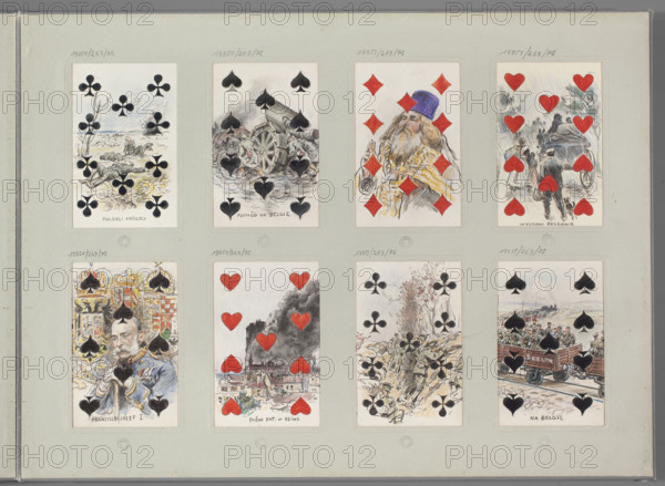 Nine of Hearts - Fire of the Cathedral in Reims; Tanski, Czeslaw (1862–1942), illustrator; playing card (Nine of Hearts); subject: fire of Notre-Dame Cathedral, Reims (France); depiction includes church towers; materials/medium: drawing; date: 1916–1917; place: Warsaw.