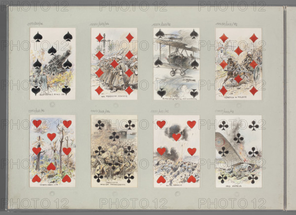 Six of Spades - German Airplanes Over Warsaw; Tanski, Czeslaw (1862-1942), illustrator; playing card (spade); drawing; airplanes; bombings; Prussian army; Warsaw (Masovian Voivodeship), Poland; 1916–1917; World War I (1914–1918); Witke-Jezewski, Dominik (1862–1944)