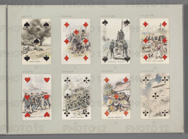 Seven of Hearts — Cossack Cavalry; illustrator Czeslaw Tanski (1862–1942); drawing; playing card design (diamonds/hearts suits); depicts horses, Cossack cavalry, Russian army soldiers; World War I, Poland, Warsaw, 1916–1917.
