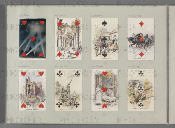 Four of Hearts - Ruins of a church from northern France, Tanski, Czeslaw (1862-1942), illustrator, restitution, albums, World War I (1914-1918), ruins, playing cards, France, hearts (card suits), Poland, churches (architectural), 1916–1917, Warsaw, drawing