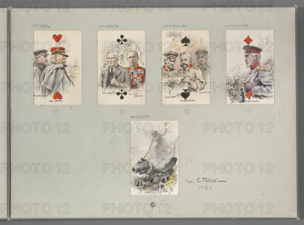 Future - Allegory of Peace Destroying a Cannon with a Hammer; Czeslaw Tanski (1862–1942), illustrator; drawing; playing cards; allegory of Peace; cannons (weapons); Poland; 1916–1917; World War I.