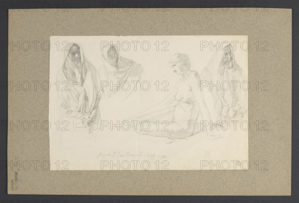 Studies of female and male figures for the painting 'St. John the Baptist Rejecting the Pharisees from Baptism'; Wojciech Gerson (1831–1901); revindication; John the Baptist (Saint; ca. 6 BC–ca. 32 AD); women; Dominik Witke-Jezewski (1862–1944); female nudes; studies for paintings; 1899–1900; drawing; sheet: height 22.9 cm, width 33.8 cm; support: height 48.5 cm, width 32 cm