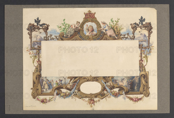 Frame for a wall calendar for 1855; Wojciech Gerson (1831–1901), draughtsman; flowers, garlands (ornament); calendars; repossession; Midsummer's Eve (rites); genre scenes; summer; fruit still lifes; winter; 1854; Warsaw; watercolor; drawing; sheet: height 29.7 cm, width 38.8 cm; backing: height 31.7 cm, width 47.7 cm