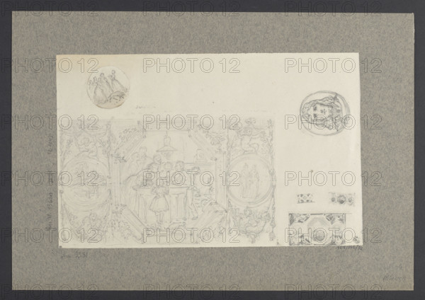 Annual Rites on St. Andrew's Eve, illustration design, Gerson, Wojciech (1831–1901), repossession, studies for paintings, fortune-telling (genre scenes), sketches, genre scenes, wall painting, 1867, drawing; sheet: height 21.2 cm, width 33.4 cm; backing: height 30.7 cm, width 44.2 cm
