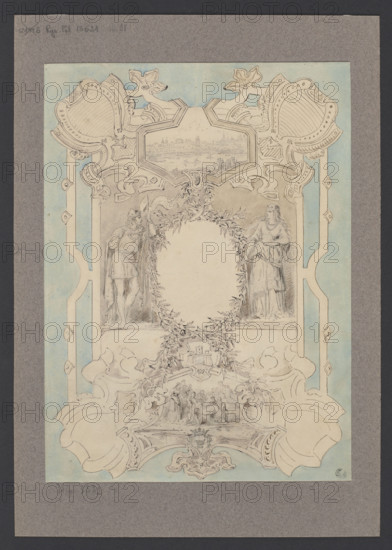 Vignette with a view of Warsaw depicting the extraction of Wanda's body and the figures of Wladyslaw Jagiello and Jadwiga; artist: Wojciech Gerson (1831–1901); subject: Wanda (legend) — iconography, Jadwiga of Anjou (Queen of Poland; Saint; 1373/1374–1399), Wladyslaw Jagiello (King of Poland; ca.1351–1434); vignette/decoration; corpse; ca. 1880; drawing; sheet: height 36.3 cm, width 26.4 cm; backing: height 45.4 cm, width 31.8 cm.