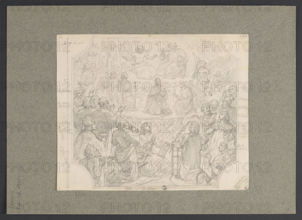 All Saints, design of a painting for the altar in All Saints' Church in Warsaw; draughtsman: Wojciech Gerson (1831–1901); subject: All Saints and Assumption, Mary (mother of Jesus Christ); draughtsmanship/variant: drawing, design/sketch for an altar painting; date: 1880; media/support: drawing on paper; sheet: height 23.9 cm, width 29.5 cm; support: height 31.9 cm, width 44.5 cm.