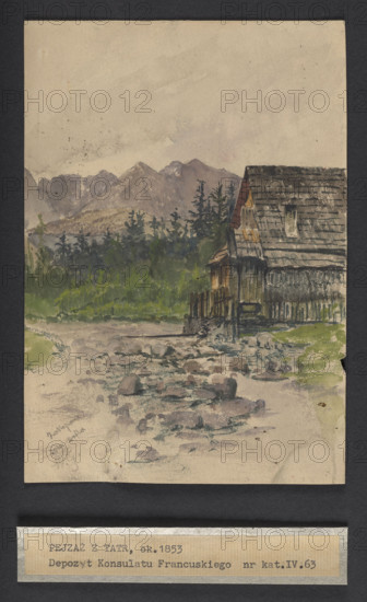 Landscape from the Tatra Mountains, Gerson, Wojciech (1831–1901), draughtsman, wooden architecture, mountain landscapes, Zakopane (Lesser Poland Voivodeship), ca. 1853, Zakopane, drawing, height 19.4 cm, width 13.5 cm