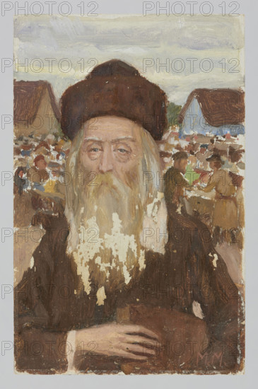 Old Jew in a fox costume, with a market in the background, Maurycy Minkowski (1881–1930), painter; human types; Jews; Karolina Jerzmanowska (1879–1959); Kazimierz Jerzmanowski (ca. 1870–ca. 1939); Poland; markets; old men; men's clothing; hats; beards (facial hair); before 1913; oil study