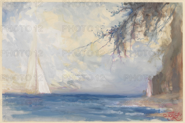 Seaside landscape with a sailboat, Antoni Gawinski (1876–1954), painter; Ignacy Jan Paderewski (1860–1941) inscription; seaside landscapes; Poland; Polish drawings; landscapes; collection signs; 1931; portfolio; drawing; gouache