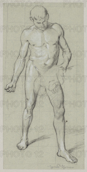 Nude Man with a Bunch of Plants in His Left Hand, Thoma, Hans (1839–1924), illustrator; sowers; nudes; parable of the sower (Bible); sketches for paintings; German drawings; male nudes; ca. 1890; Germany; drawing; height 40.7 cm, width 19.7 cm