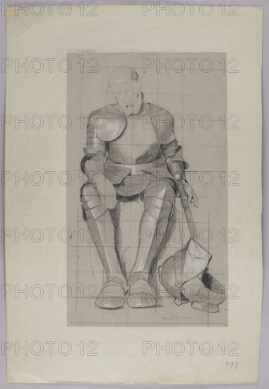 Seated Knight, Thoma, Hans (1839-1924), draughtsman, knights, studies for paintings, 1885, Germany, drawing, height 46.2 cm, width 27.1 cm