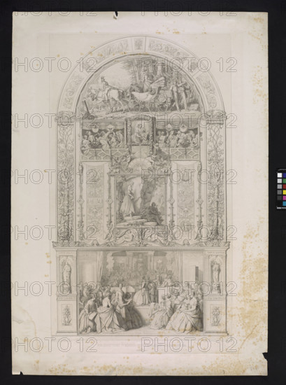 Symphonie, Thaeter, Julius Cäsar (1804-1870), graphic artist; Schwind, Moritz von (1804-1871), painter; Wick, Wendelin (printing house; ca. 1842–1860), publisher; symphonies; love scenes; Music (allegory); grotesques (ornament); personifications; Dorothy (St.); Ludwig II of Bavaria (1845–1886); landscapes; Otto I of Bavaria (1848–1916); Elizabeth of Hungary (St.; 1207–1231); Cecilia (St.); music; Beethoven, Ludwig van (1770–1827). Fantasy in C minor for piano, choir and orchestra, Op. 80 (1808); revindication; concerts, 1856, Munich; graphics; height 85.3 cm; width 54.5 cm
