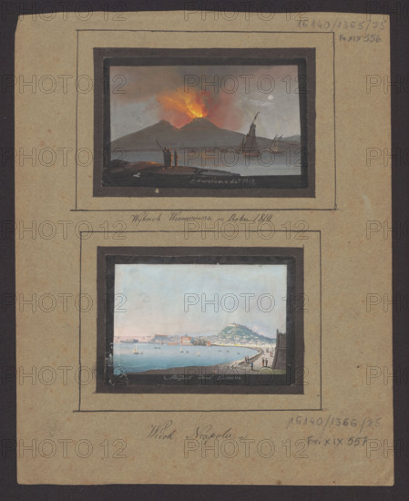The eruption of Vesuvius in 1819; Camillo de Vito (fl. 1794–1845), draughtsman; subject: Vesuvius (Italy), eruptions, nocturne landscape/seascape of the Bay of Naples, Naples; date: 1819; medium: drawing; dimensions: 7.3 cm x 11.5 cm.
