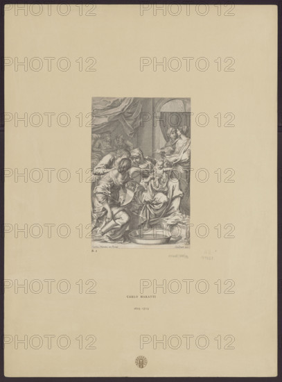 The Birth of Mary; Sandrart, Jakob von (1630–1708), publisher; Maratti, Carlo (1625–1713), engraver; religious scene depicting Mary (mother of Jesus Christ) and the birth of Mary with baths; apocrypha; copies from engravings; reverse copies; revindication; before 1708; print; height 21.3 cm; width 14 cm