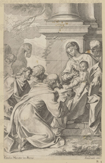 Adoration of the Magi; Sandrart, Jakob von (1630–1708), publisher; Maratti, Carlo (1625–1713), engraver; religious scenes; camels; books; Joseph (Saint); revindication; 17th century; print; height 21.4 cm; width 13.5 cm