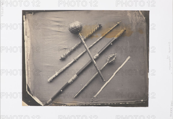 Signs of dignity (staff of the Grand Marshal of the Crown with the numeral of Jan III Sobieski, mace of Stanislaw Jablonowski, baton of Jan Tarnowski, sceptres of Stanislaw Leszczynski and August II). Photograph, 1858–1859. Photographer: Karol Beyer (1818–1877). Exhibition photograph for the Exhibition of Antiquities and Art Monuments (Kraków, 1858/1859). Subjects: sceptres, maces, marshal's staffs; associated figures: Jan III Sobieski (1629–1696), Stanislaw Jablonowski (Stanislaw Jan, 1634–1702), Stanislaw Leszczynski (1677–1766), Augustus II the Strong (1670–1733), Jan Tarnowski. Photographic print, height 29.3 cm, width 22.2 cm.