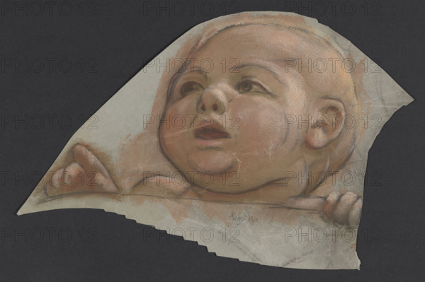 Child's Head with Open Mouth, Thoma, Hans (1839–1924), draughtsman; child's head; children; studies for paintings; ca. 1900; Germany; drawing; height 18.7 cm, width 25.1 cm (drawing cut out in the shape of a child's head)