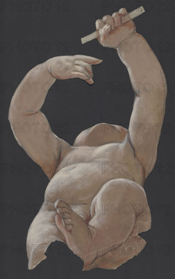 Study of a Lying Baby, with Hands Raised; Hans Thoma (1839–1924), draughtsman; children, baby study (sketch) for a painting; ca. 1900, Germany; drawing; height 41.8 cm, width 22.8 cm (drawing cut out in the shape of a child's figure)