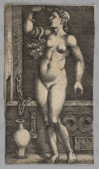 Standing Cleopatra, Beham, Sebald (1500–1550), graphic artist; Cleopatra VII (Queen of Egypt; 51–30 BC) — iconography; German; Renaissance style; German graphic art; 1529 (1st edition); graphic print; subject: standing Cleopatra, female nude, suicide, snakes, shackles, prison interior, jug, queen; dimensions: height 8.2 cm, width 4.5 cm.