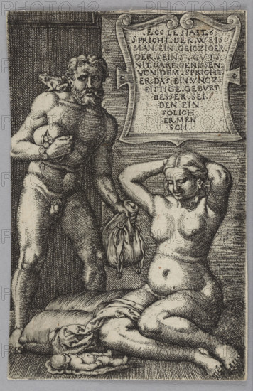 The Miser, Barthel Beham (1502–1540), German graphic artist, Renaissance style, moralizing scenes; 16th-century graphic print; subjects: the miser, coins, frogs, interiors, male and female nudes, children's nudes; dimensions: height 7.8 cm, width 5.1 cm.