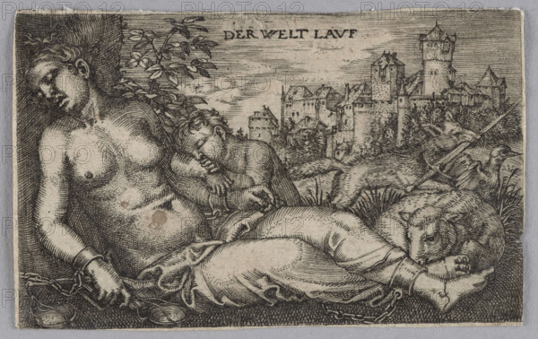 Sleeping Justice - 'Der Welt Lavf', Barthel Beham (1502–1540), graphic artist, allegories, German, Justice (allegory/personification), Renaissance (style), animals, personifications, German graphics, allegorical scenes, children, scales, castles (architectural), landscapes, foxes, female half-nudes, ducks, sheep, half-nudes, swords (weapons), attributes, 16th century, graphic print, height 4 cm, width 6.3 cm