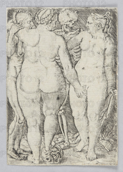 Death and Three Witches, Barthel Beham (1502–1540). German graphic print, 16th century, Renaissance style. Subject: death and witches; dance of death with skeletons; symbolic scene with female nudes and dance. Dimensions: height 7.7 cm, width 5.4 cm.