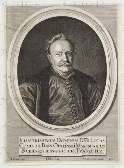 Portrait of Lukasz Opalinski; graphic print by Jeremias Falck (ca. 1609–1677), painted by Daniel Schultz (ca. 1615–1683), published by Georg Förster (1615–1660); Gdansk, 1653; male portrait; Polish graphics; iconography of Lukasz Opalinski (1612–1662); height 31.8 cm, width 23.2 cm, An engraved monochrome portrait shows an older man seen from the chest up inside an oval frame, wearing a dark, textured fur-edged cloak over a glossy garment with a decorative vertical trim; he has a rounded face, a mustache, receding wavy hair, and a neutral expression, set against a densely stippled dark background with linear shading around the oval, and the overall image tones are black, white, and various grays.